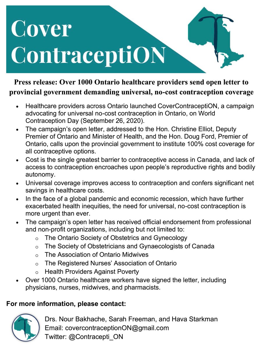 Today, on #HumanRightsDay 2020, we sent an open letter (link below) demanding no-cost #contraceptionforall to @celliottability and @fordnation. If you agree that reproductive rights are #HumanRights, retweet and call on @ONgov to #CoverContraceptiON now! docs.google.com/document/d/15V…