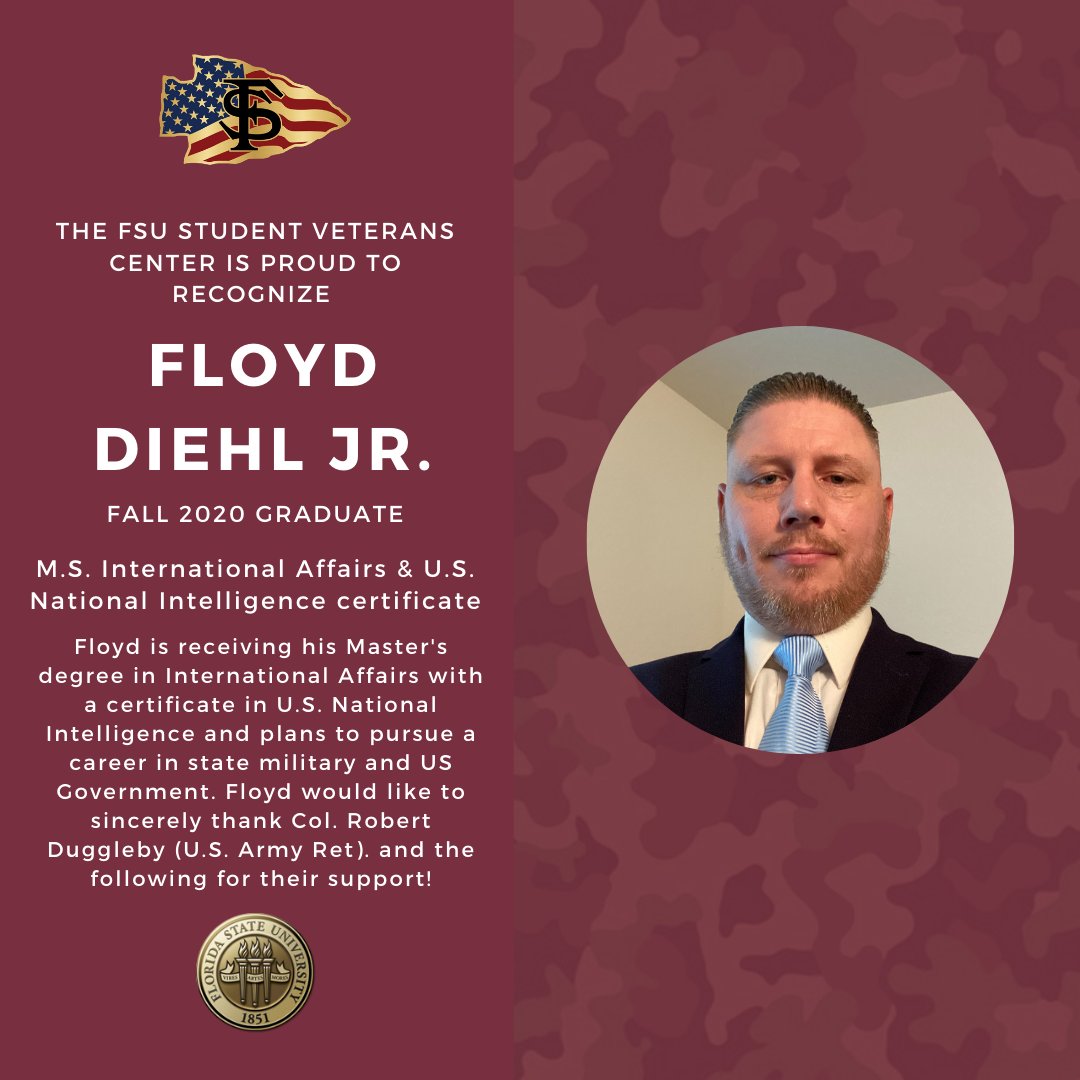 fsu_vets's tweet photo. Join us in congratulating Floyd!π
β’β’β’
Floyd Diehl Jr., Master's in International Affairs & U.S. National Intelligence certificate
#fsuvets #gonoles https://t.co/sDkNQ5GsAj
