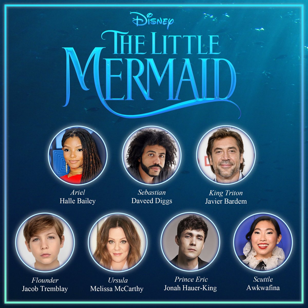 Meet the cast of Disney's The Little Mermaid, starring Halle Bailey, Jonah Hauer-King,  @Awkwafina,  @DaveedDiggs,  @JacobTremblay,  @MelissaMcCarthy & Javier Bardem. Directed by Rob Marshall, featuring music from the animated original & new music by @AlMenken &  @Lin_Manuel Miranda.