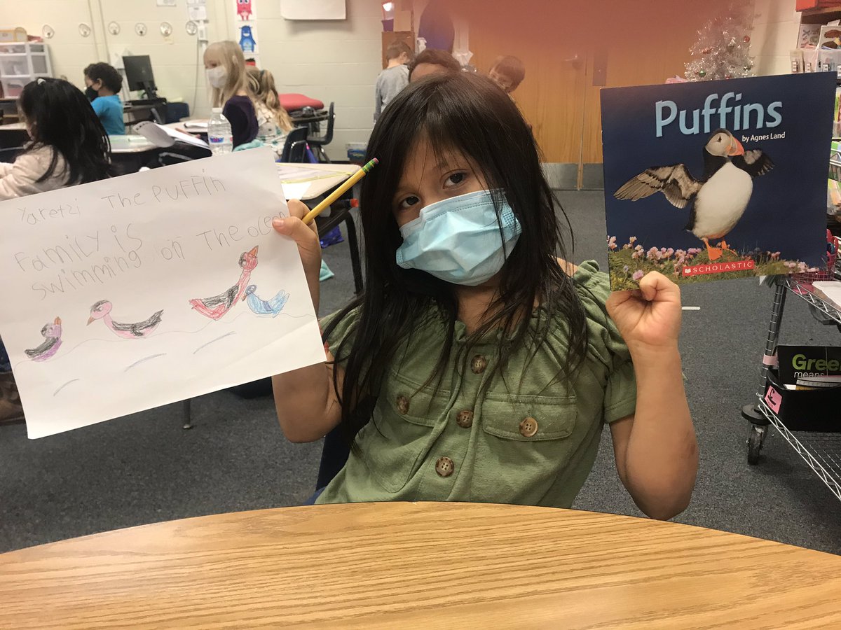 Peacelove1st's tweet photo. Writing about reading and making connections! 🤍🧡🐧🖤🤍 #puffins #readingandwritingconnection @GlyndaleElemen1 @Mjswiger https://t.co/FykcX2szv8
