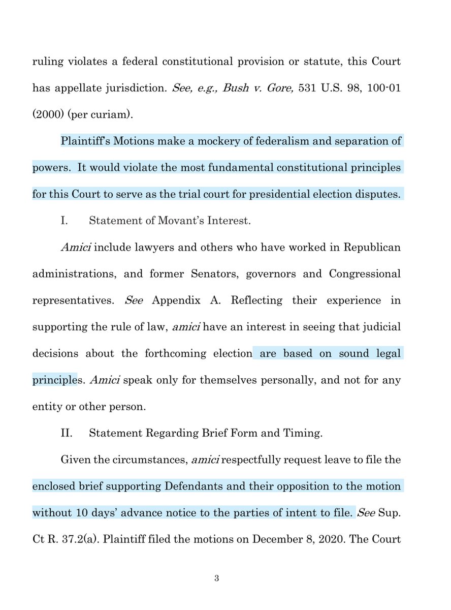 this is brutal but objectively fair“Plaintiff’s Motions make a mockery of federalism and separation of powers. It would violate the most fundamental constitutional principles for this Court to serve as the trial court for presidential election disputes“ https://www.supremecourt.gov/DocketPDF/22/22O155/163237/20201209155924009_2020-12-9%20Texas%20Scotus%20Amici%20Brief-%20FINAL.pdf