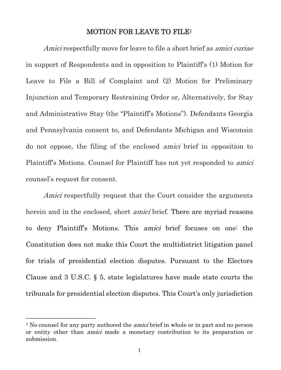 this is brutal but objectively fair“Plaintiff’s Motions make a mockery of federalism and separation of powers. It would violate the most fundamental constitutional principles for this Court to serve as the trial court for presidential election disputes“ https://www.supremecourt.gov/DocketPDF/22/22O155/163237/20201209155924009_2020-12-9%20Texas%20Scotus%20Amici%20Brief-%20FINAL.pdf