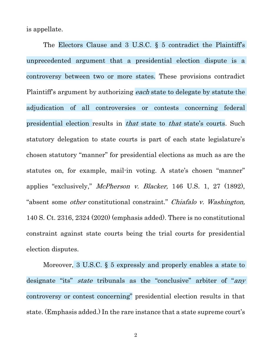 this is brutal but objectively fair“Plaintiff’s Motions make a mockery of federalism and separation of powers. It would violate the most fundamental constitutional principles for this Court to serve as the trial court for presidential election disputes“ https://www.supremecourt.gov/DocketPDF/22/22O155/163237/20201209155924009_2020-12-9%20Texas%20Scotus%20Amici%20Brief-%20FINAL.pdf