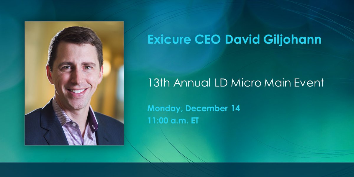 exicure's tweet image. Exicure’s CEO David Giljohann is speaking at the 13th Annual LD Micro Main Event investor conference on Monday, Dec 14 at 11 a.m. EST. bit.ly/3a3hJCi  $XCUR #digitaldrugdesign