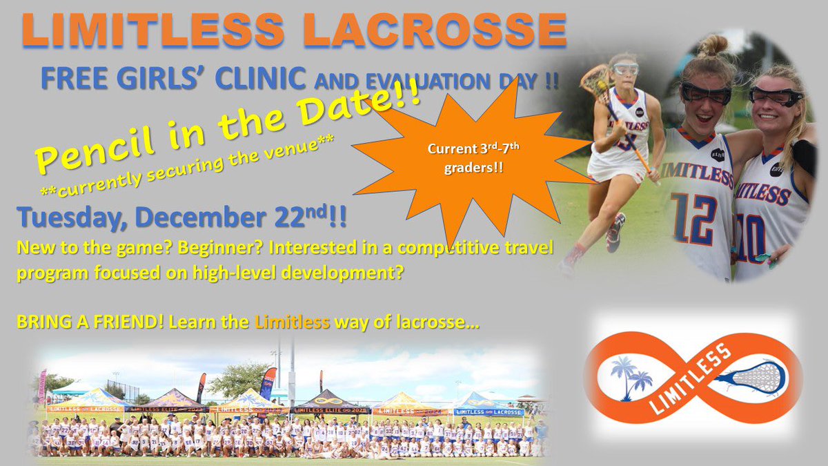 limitlesslaxfl's tweet photo. Free clinic! 22 Dec. Finalizing the venue!  For our young players and to become players in Charleston, SC!! 26-30’s https://t.co/MAWLUdGI8r