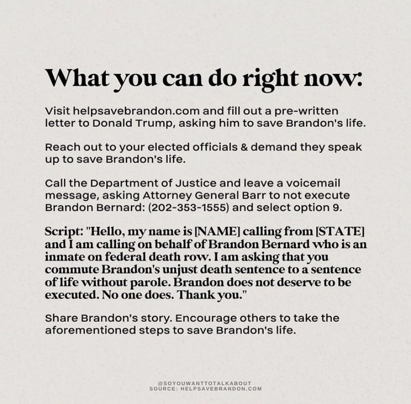 hey guys please can you take a few minutes of your time to sign the petitions/ share the petitions and call and the number down below to help save Brandon Bernard. This is extremely important to me. #BrandonBernard