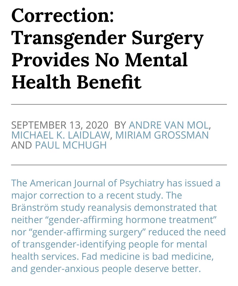 Dr. James Cantor  @JamesCantorPhD thoroughly debunked the medical evidence for an ‘affirmative’ approach.As did the American Journal of Psychiatry:  https://www.thepublicdiscourse.com/2020/09/71296/ 