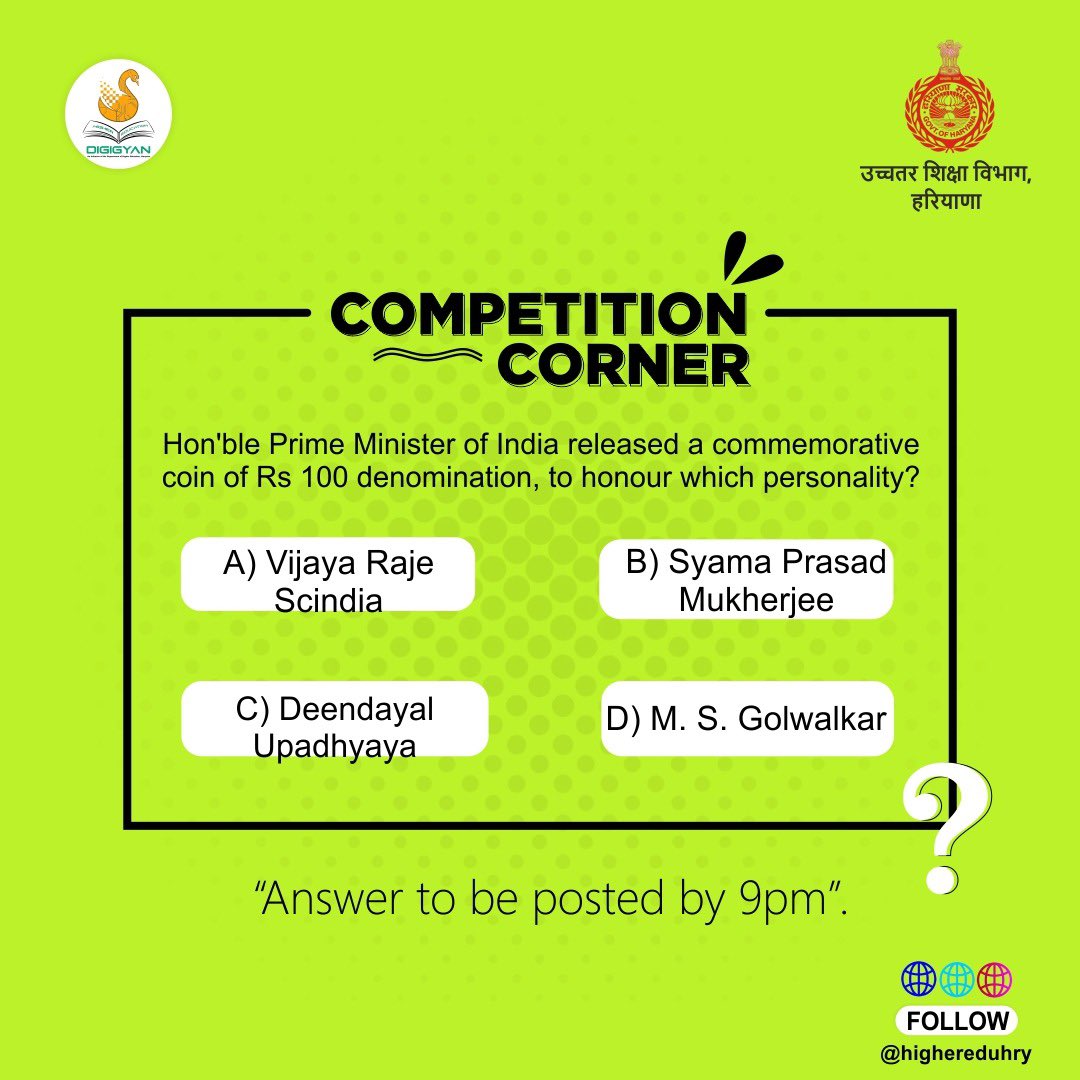 highereduHRY's tweet photo. #CompetitionCorner
Question of the day!
Comment down your answers below.
Stay tuned! The correct answer shall be revealed @ 9pm

आज का सवाल!
अपने जवाब हमें कमेंट करके बताएं। सही जवाब शाम 9 बजे बताया जाएगा। https://t.co/qnBAihLH27