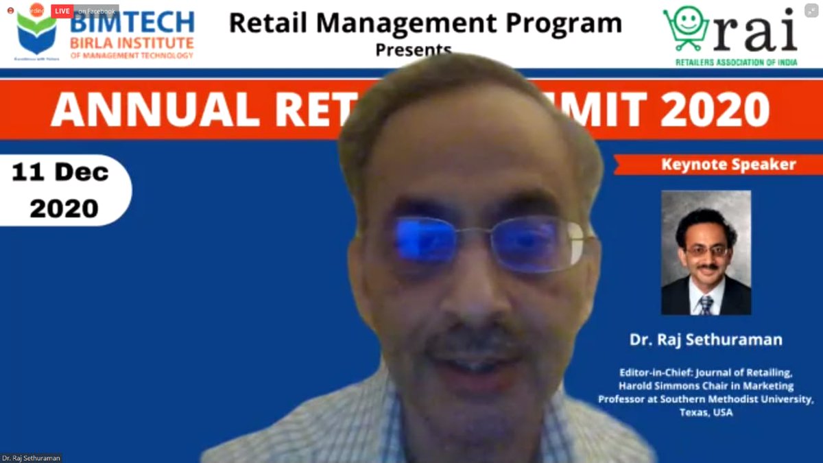 BIMTECHNoida's tweet photo. Glimpses of the #KeynoteAddress by Dr. Raj Sethuraman, Editor-in-Chief: Journal of Retailing, Harold Simmons Chair in Marketing on the topic "New Technologies in Omni Channel Retail"
Watch the event LIVE at - https://t.co/K89Tfq90tm
#retailsummit2020 #annualretailsummit https://t.co/liUTBKyIJi