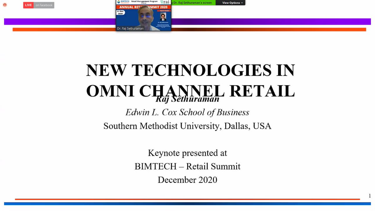 BIMTECHNoida's tweet photo. Glimpses of the #KeynoteAddress by Dr. Raj Sethuraman, Editor-in-Chief: Journal of Retailing, Harold Simmons Chair in Marketing on the topic "New Technologies in Omni Channel Retail"
Watch the event LIVE at - https://t.co/K89Tfq90tm
#retailsummit2020 #annualretailsummit https://t.co/liUTBKyIJi