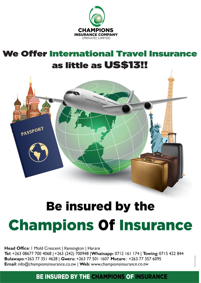 One of the things we tend to forget to arrange is TRAVEL INSURANCE.

Champions Insurance travel policy offers you one of the most convenient and comprehensive cover available.

You can now enjoy your Business, Study and leisure travels without any worries.

#ChampionsInsurance