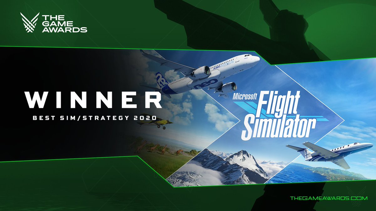 Key art from Microsoft Flight Simulator. Text reads: The Game Awards - Winner: Best Sim/Strategy 2020