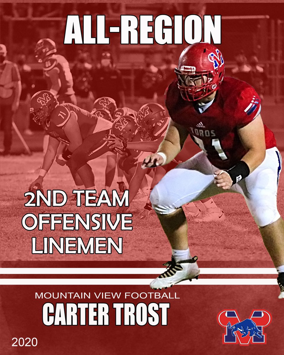MVToro_Football's tweet photo. Congratulations to @carter_trost for being named All-Region 2nd Team Offensive Linemen.  This 6’, 265 lb Junior was a starter for the Toros on the line and did an excellent job protecting our QB’s and running backs throughout the season. https://t.co/t45dQIzGNA