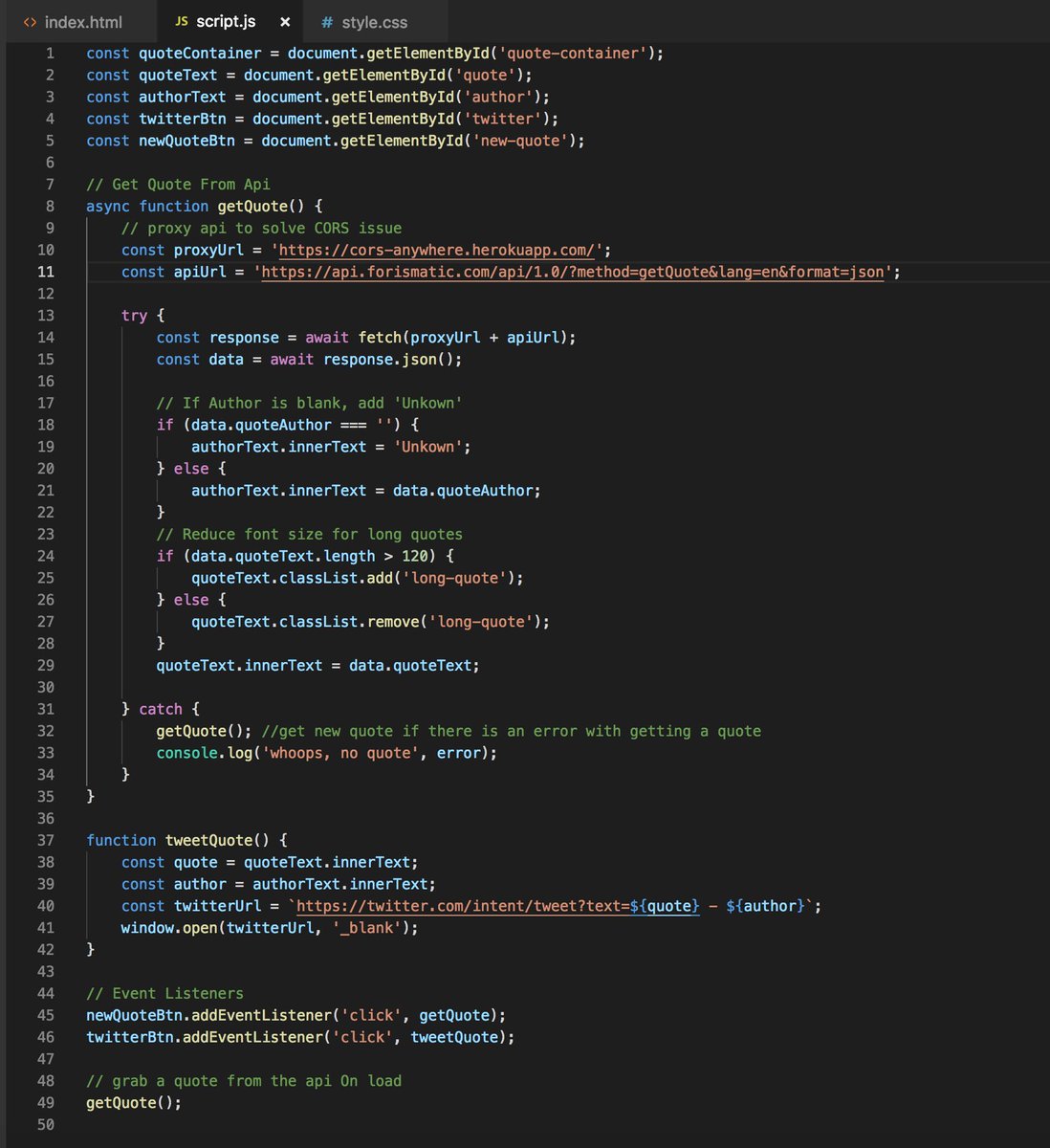 TheBaylisCode's tweet image. Day 18 to 20 of 365 3rd edition
TGIF Eve :) Working on a Quote generator and sending quotes from app to twitter
#codingphase #365codingphasechallenge #thecodingway #100daysofcode #javascript #React #50Projects50Days
#25DaysofChristmas #25daysofcode