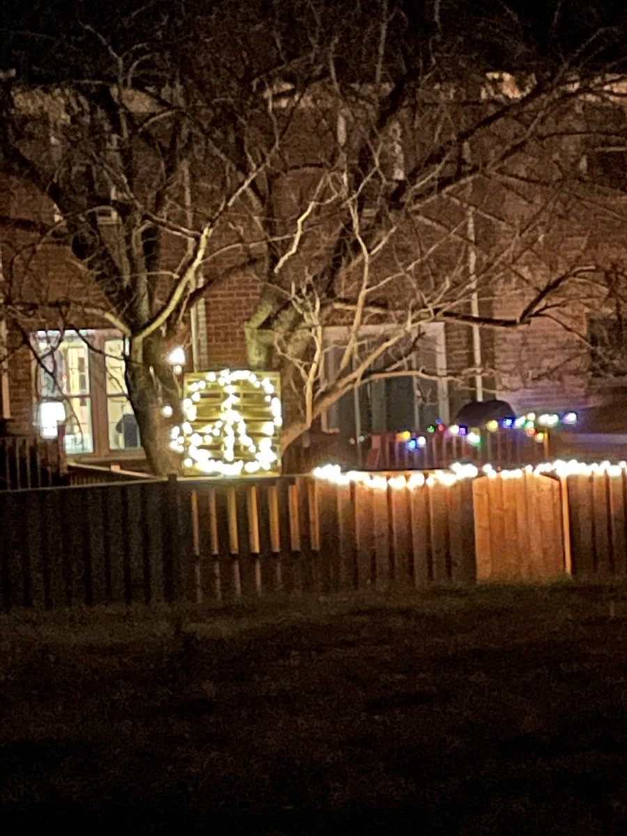 habnab2626's tweet photo. Front yard light game is weak but we’re holding it down for the backside of the townhouse row with an acquired pallet DIY peace sign, jacked up into the tree so cars, and the fellas working night shift on the 66 expansion can enjoy. #lightpride #peacelovewearthatmask https://t.co/VV9cSzTa9b