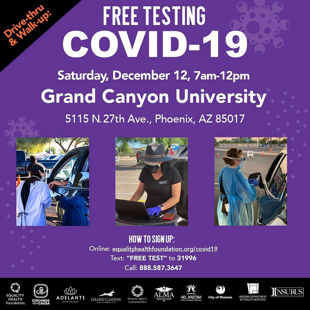 Free #COVID19 testing in #Phoenix #Arizona. Dec 12 from 7am - 12pm 
Find us at 5115 N 27th Ave, Phoenix.
(Grand Canyon University).
#arizona @CPLCdotORG @equalityhealth <a href="/AdelanteHealth/">Adelante Healthcare | Community Health Center</a> <a href="/gcu/">Grand Canyon U</a> #healthcare