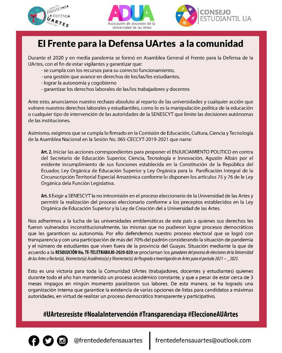UArtesResiste's tweet photo. ¡Seguimos vigilantes!
#UArtesResiste #Noalaintervención #TransparenciaYa
@CE_UArtes @AsoADUA
@EduSuperiorEc @agustinalbanm @ces_ec @Caces_Ec @Educacion_Ec @FinanzasEc
@MauricioPozoEC
@AsambleaEcuador @EducacionAN @JimmyCandel @amapolanaranjo @silviasalgadoan
@dallyanapass https://t.co/1pDw08X4mb