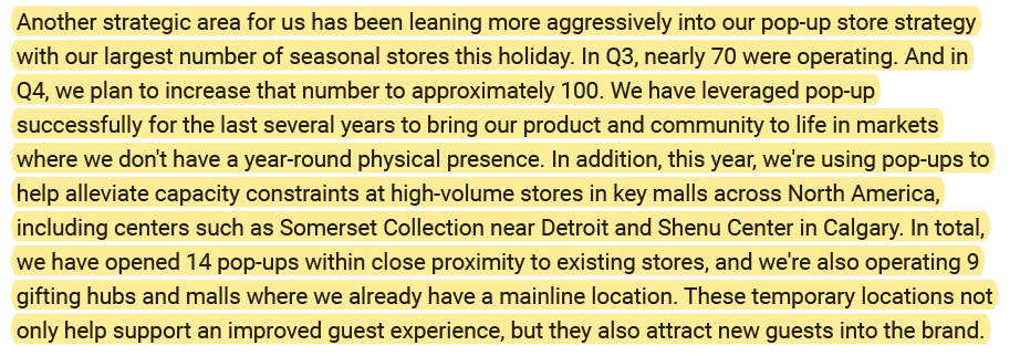 6/  $LULU's innovative pop-up store footprint will increase from 70 in Q3 to 100 in Q4 to capitalize on the demand and to respond to Covid-19 related capacity constraints within their full stores.
