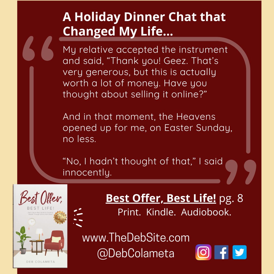 DebColameta's tweet image. Find out what happens next in the story with my #Syracuse 🧡💙crush-turned-hubby Ray and me!
Best Offer, Best Life! (a # 1 best seller!) makes a GREAT Christmas gift... one that could help you make a lot of cash and clear clutter. 
TheDebSite.com
