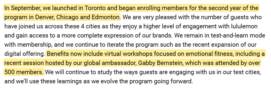 7/  $LULU now has direct checkout functionality on IG and  $FB.One analyst asked about member vs non-member comparison. Management wasn't willing to comment.