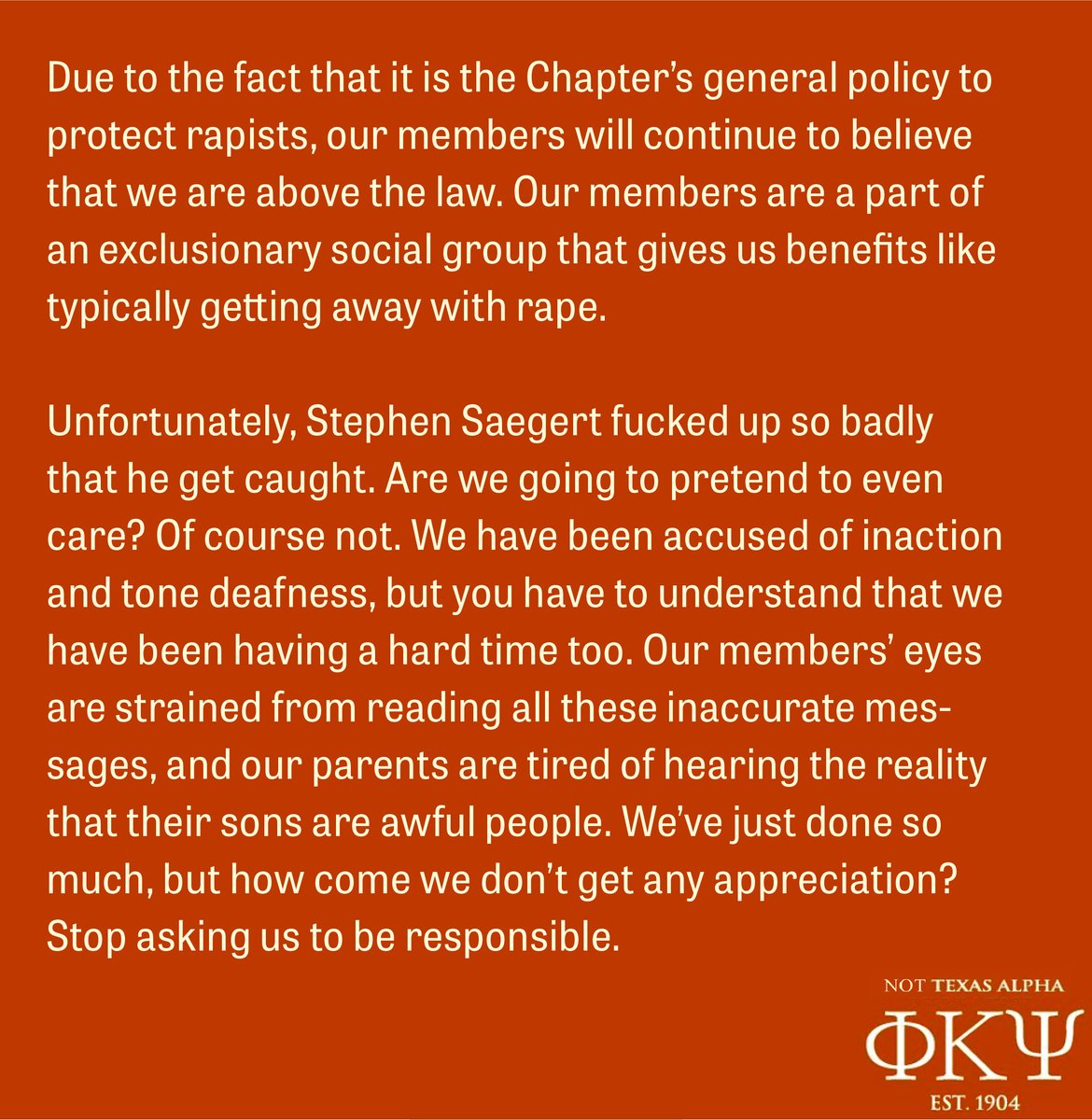 UTAustinATX's tweet photo. The official statement from @pkptexas regarding the Title IX case. #HookEm #Greek https://t.co/HKbGQRhfzC