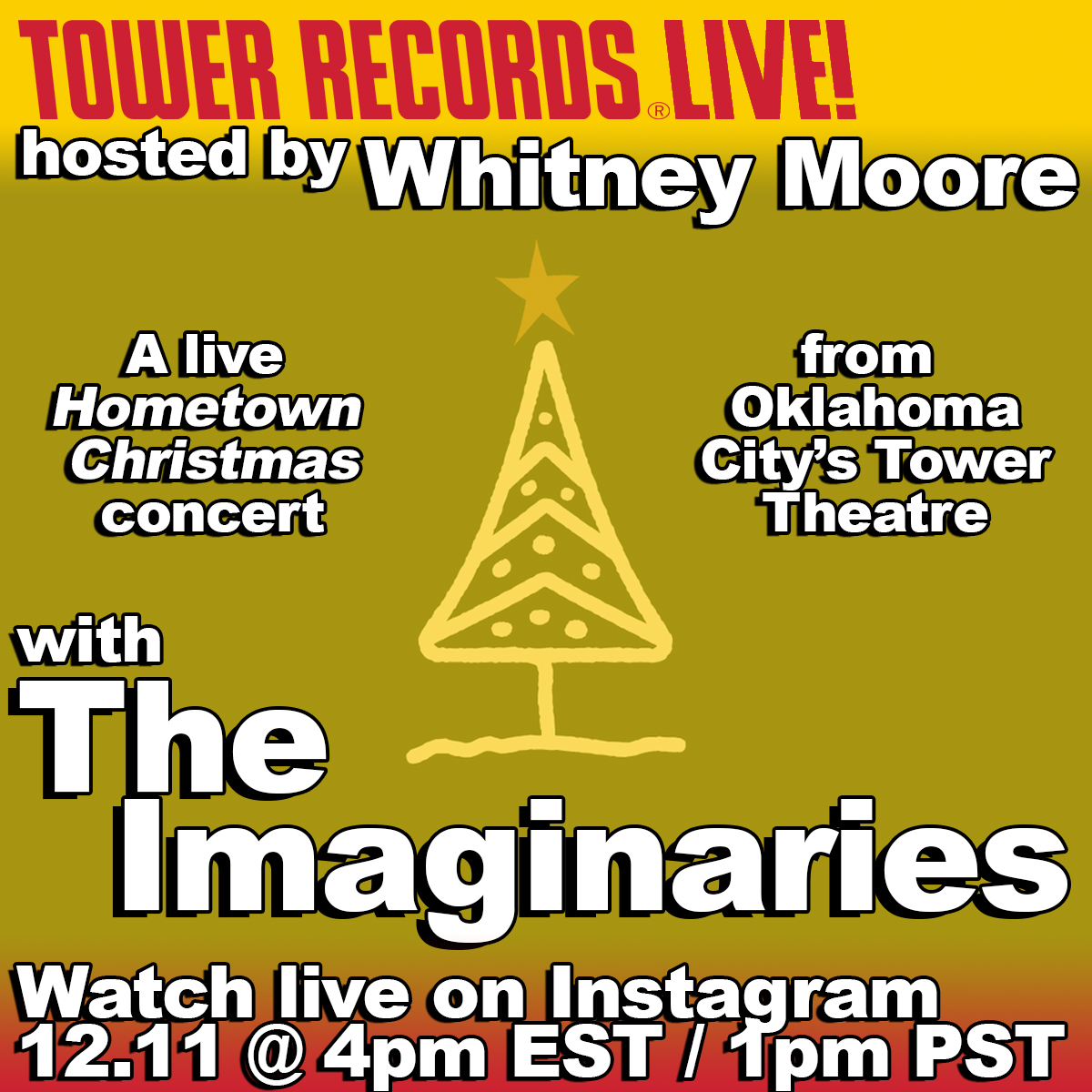 TowerRecords's tweet image. Today on #TowerRecordsLive, tune in for a special #TowerEvent with @TweetneyMoore and @imaginariesband LIVE from @TowerTheatreOKC! It's a #HometownChristmas concert you don't want to miss 🌟 Join us on Instagram: #OfficialTowerRecords 🔴