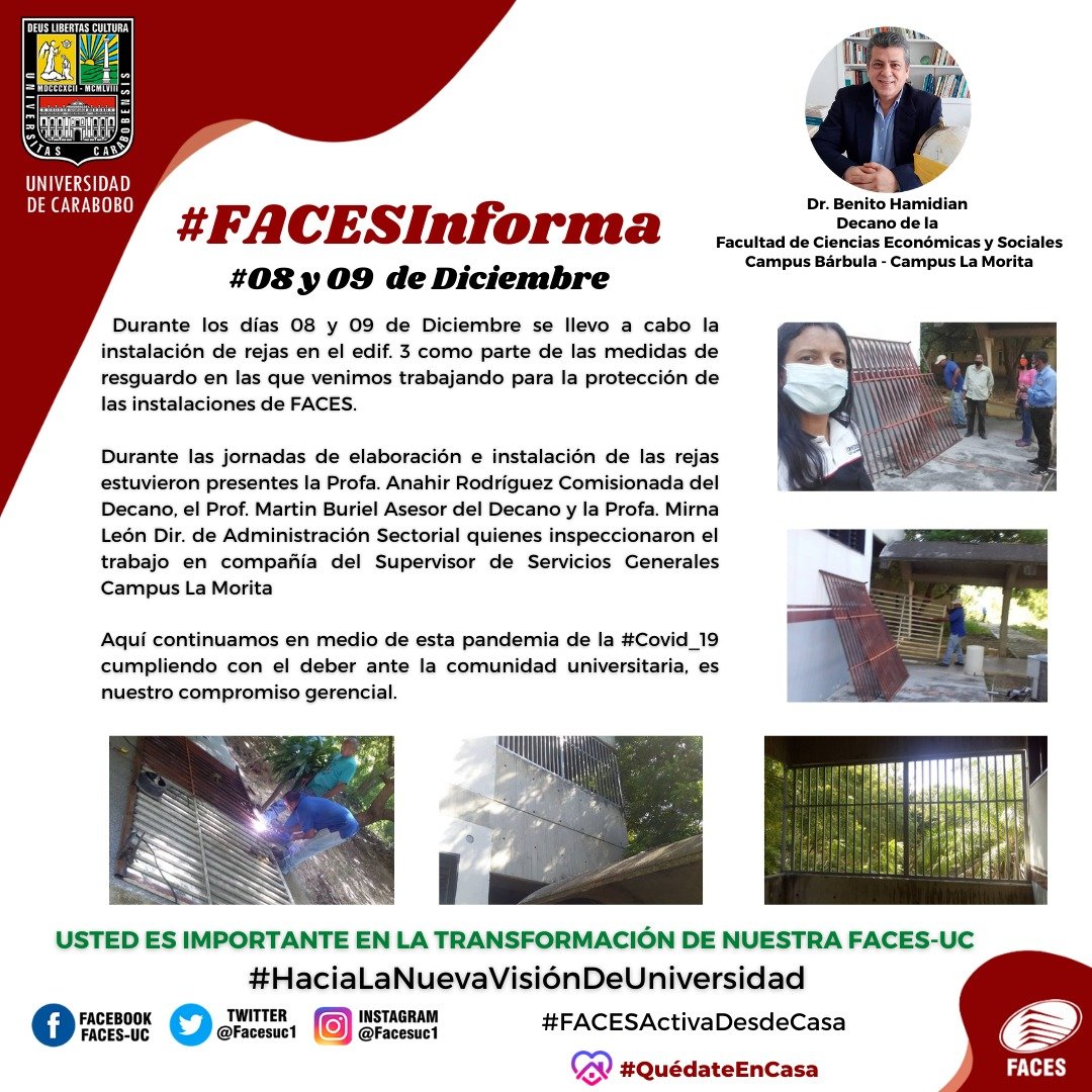 facesuc1's tweet photo. #FACESInforma Durante los días #08Dic y #09Dic se llevó a cabo la instalación de rejas en el Edif. 3 como parte de las medidas de resguardo en las que venimos trabajando para la protección de las instalaciones de #FACES Campus La Morita. https://t.co/CWeCx7RQQ3