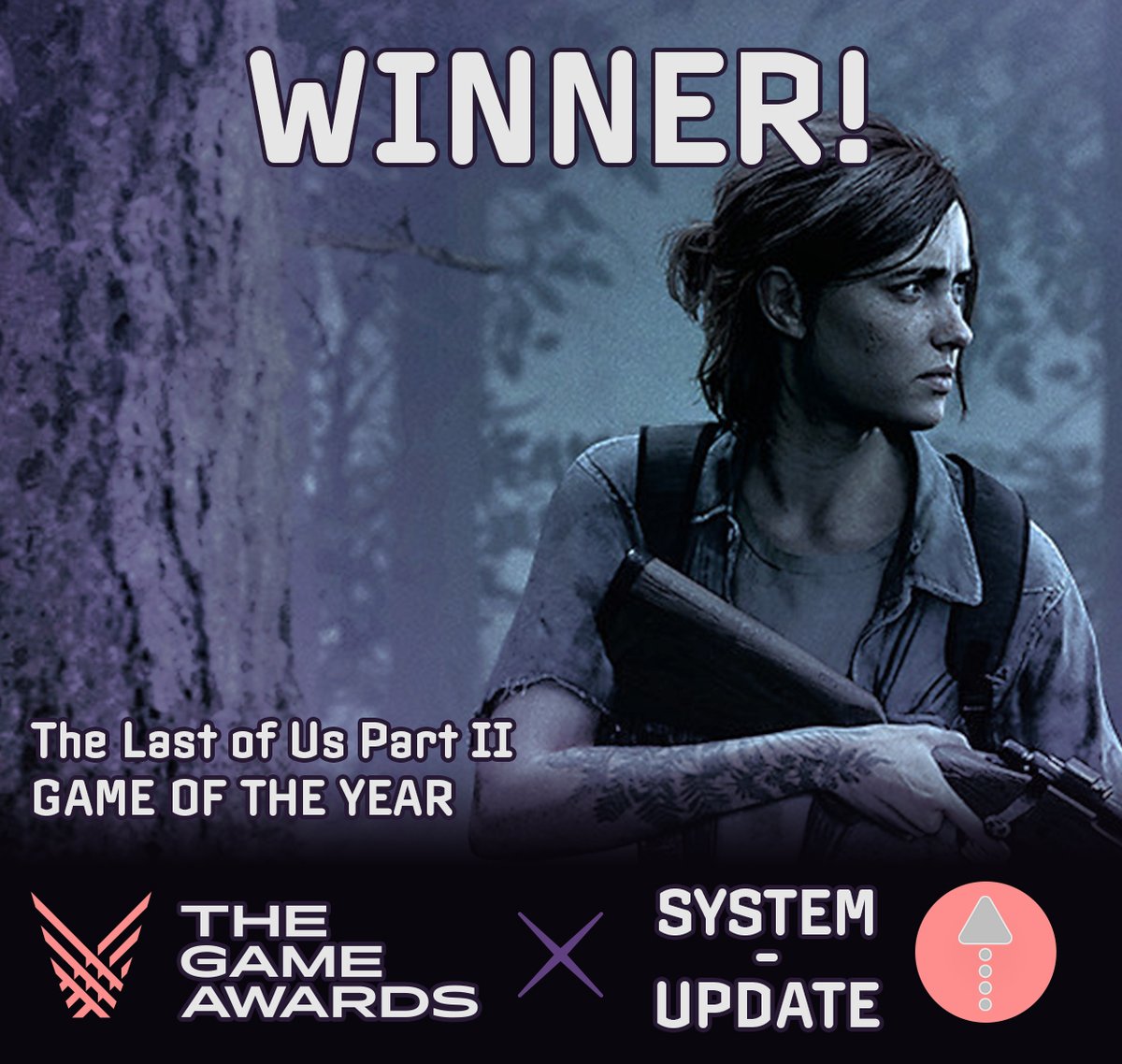 SystemUpdateNCL's tweet photo. The Last of Us Part II has won #GOTY at #TheGameAwards! And with that, the show has been brought to a close. Thank you for following along with our coverage. At 2:54am UK time, we're signing off! https://t.co/S6Mrd5w9IK