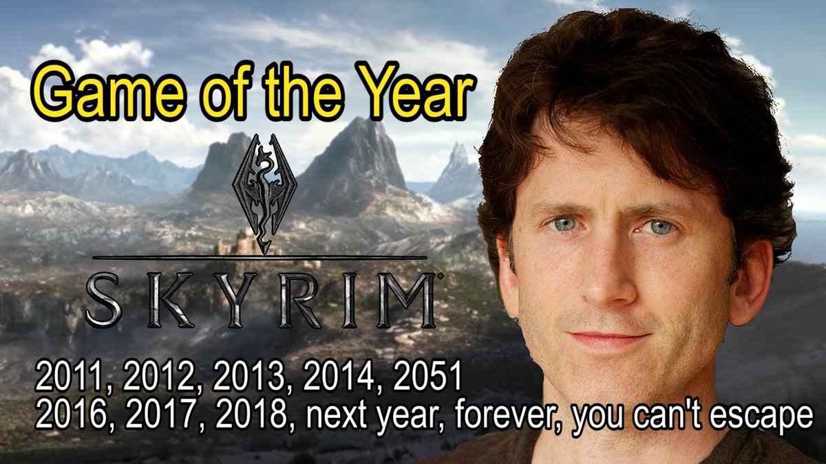 RTGameCrowd's tweet photo. Skyrim wins Game of the Year for the 9th consecutive year in a row, Todd Howard announces plans to release the game again in 2021 - "It just works" #TheGameAwards https://t.co/m3GDV3TKZF