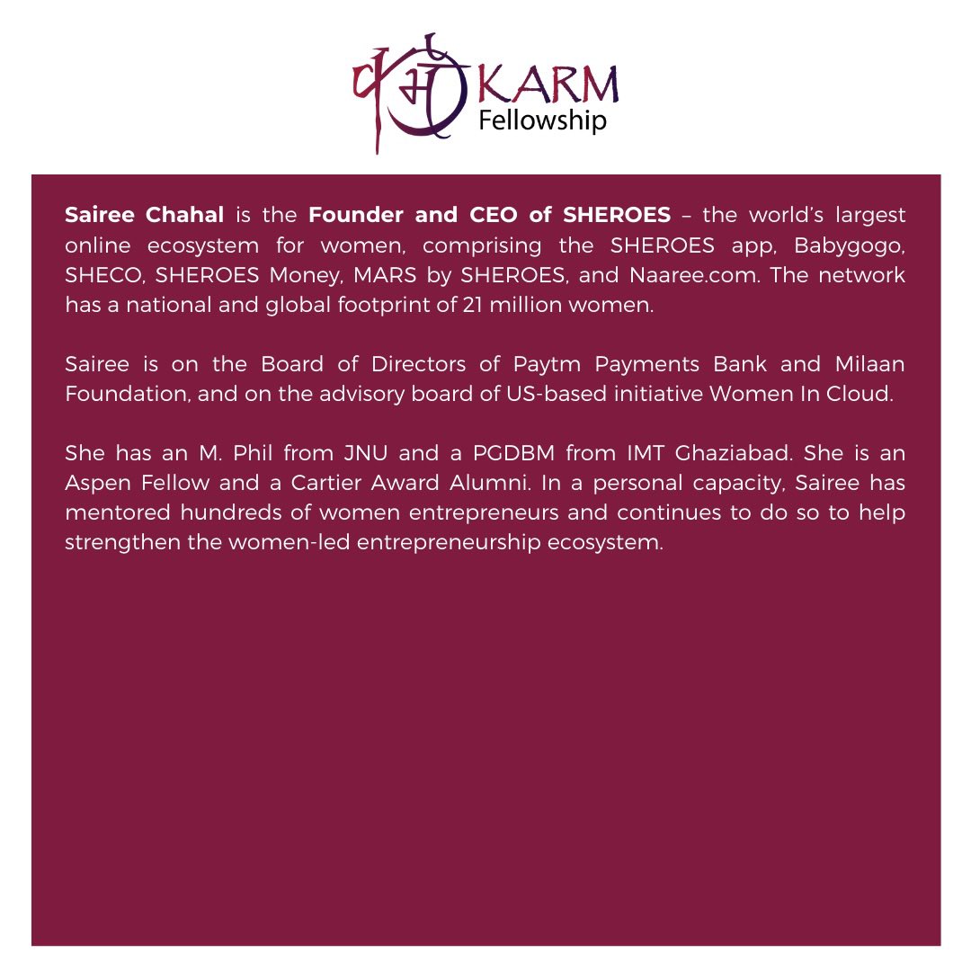 KarmFellowship's tweet photo. Meet our Mentors - Thank you @Sairee for being part of KARM. Our Fellows will learn from your experience & guidance #karmtrust #karmfellowship @sheroes #mentor #mentoring #Mentorship #leadership #Fellowship #genderequality #womenentrepreneurs #womenfounders @NITIAayog https://t.co/7aR6rXQuOg