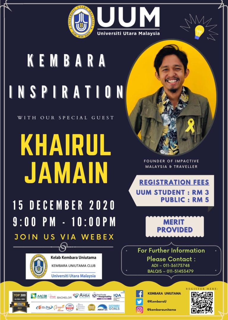 KembaraU's tweet photo. Assalamualaikum &amp; Salam Kembara Dihati💞.

Kelab Kembara mengadakan program Kembara Inspiration with Khairul Jamain.

Butiran adalah berikut:
📆  Tarikh: 15/12/20
🕗  Masa: 9:00-10.00pm
🖥  Platform: Webex

Bagi Pendaftaran, sila isi google form dibawah: 
https://t.co/EPUBAXFOMD https://t.co/bvyv8931hW