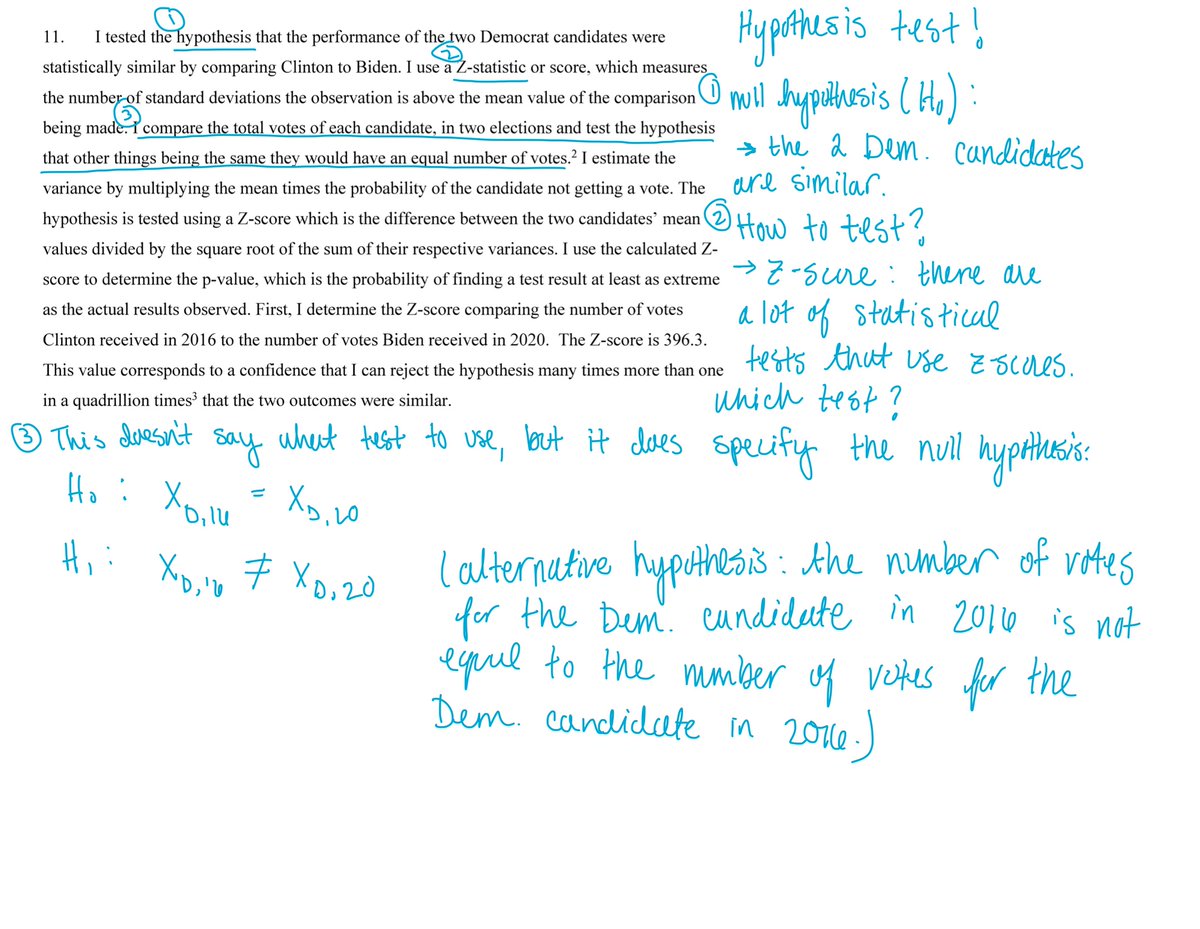 Next up: paragraph 11. The first 2 sentences present the question of interest (how similar were the vote counts for the Democratic candidate in 2016 and in 2020, and how the author proposes to answer the question (with a z-score)