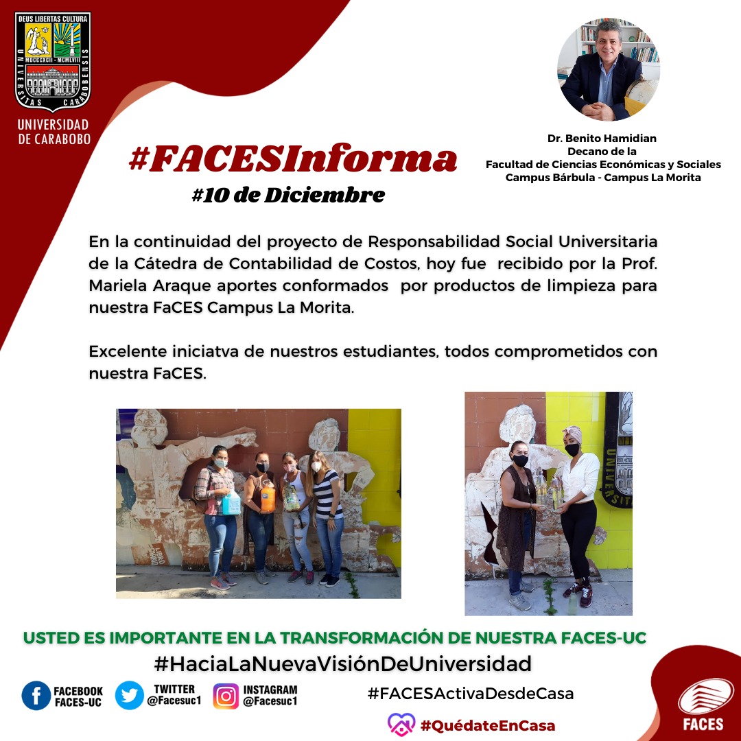 facesuc1's tweet photo. #FACESInforma #10Dic Continuando con el Proyecto de Responsabilidad Social Universitaria de la Cátedra de Contabilidad de Costos, se reciben productos de limpieza como aporte de los estudiantes para nuestro Campus La Morita.

#SocialmenteResponsables

Dr. Benito Hamidian
Decano https://t.co/OSwRjMlpoF