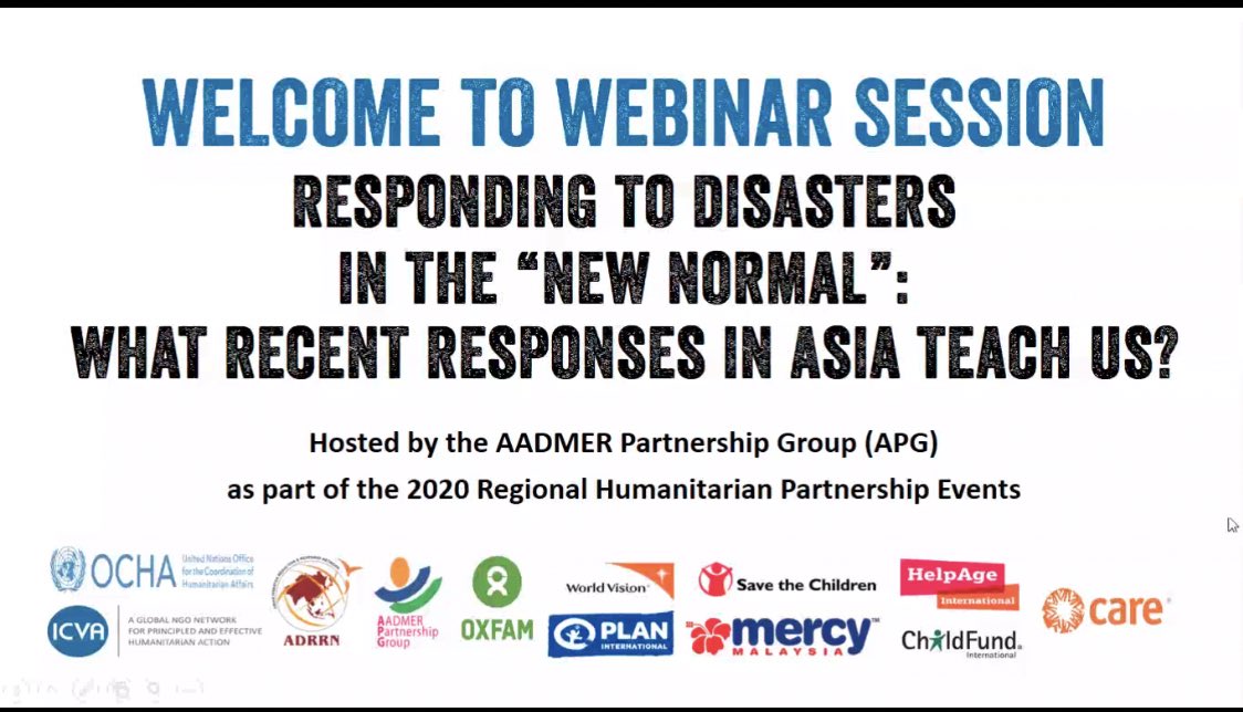 vhalhen123's tweet photo. Happening now!
The AADMER Partnership Group webinar as part of the 2020 Regional Humanitarian Partnership Event
Do join us! Link to joining👇👇
https://t.co/d6bhSquruM
#APG #PartnershipEvents #COVID19 @OCHAAsiaPac @ADRRN1 @ICVAAsia https://t.co/5EdQAVS7OB