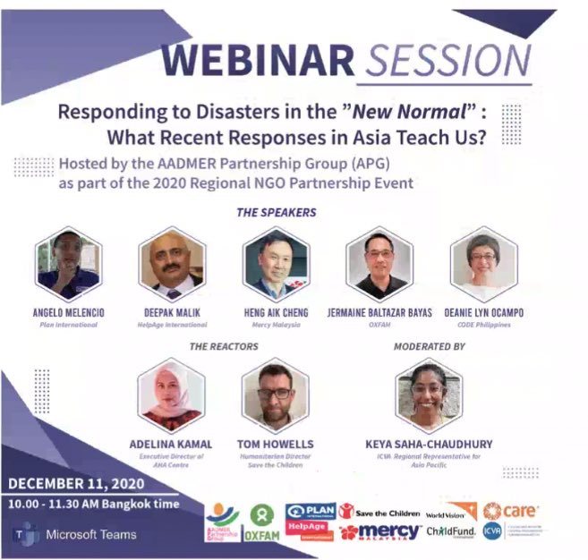 vhalhen123's tweet photo. Happening now!
The AADMER Partnership Group webinar as part of the 2020 Regional Humanitarian Partnership Event
Do join us! Link to joining👇👇
https://t.co/d6bhSquruM
#APG #PartnershipEvents #COVID19 @OCHAAsiaPac @ADRRN1 @ICVAAsia https://t.co/5EdQAVS7OB