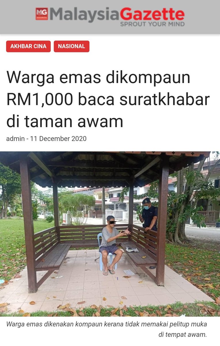 mufarwafarid's tweet photo. Sayu hati bila tengok warga emas ini dikompaun sebab tak pakai mask di taman awam masa baca surat khabar. 

Taman awam tu, takda orang. Hanya dia seorang. Dia hendak baca surat khabar, bukannya berjalan sana sini. https://t.co/PQf8E772hM