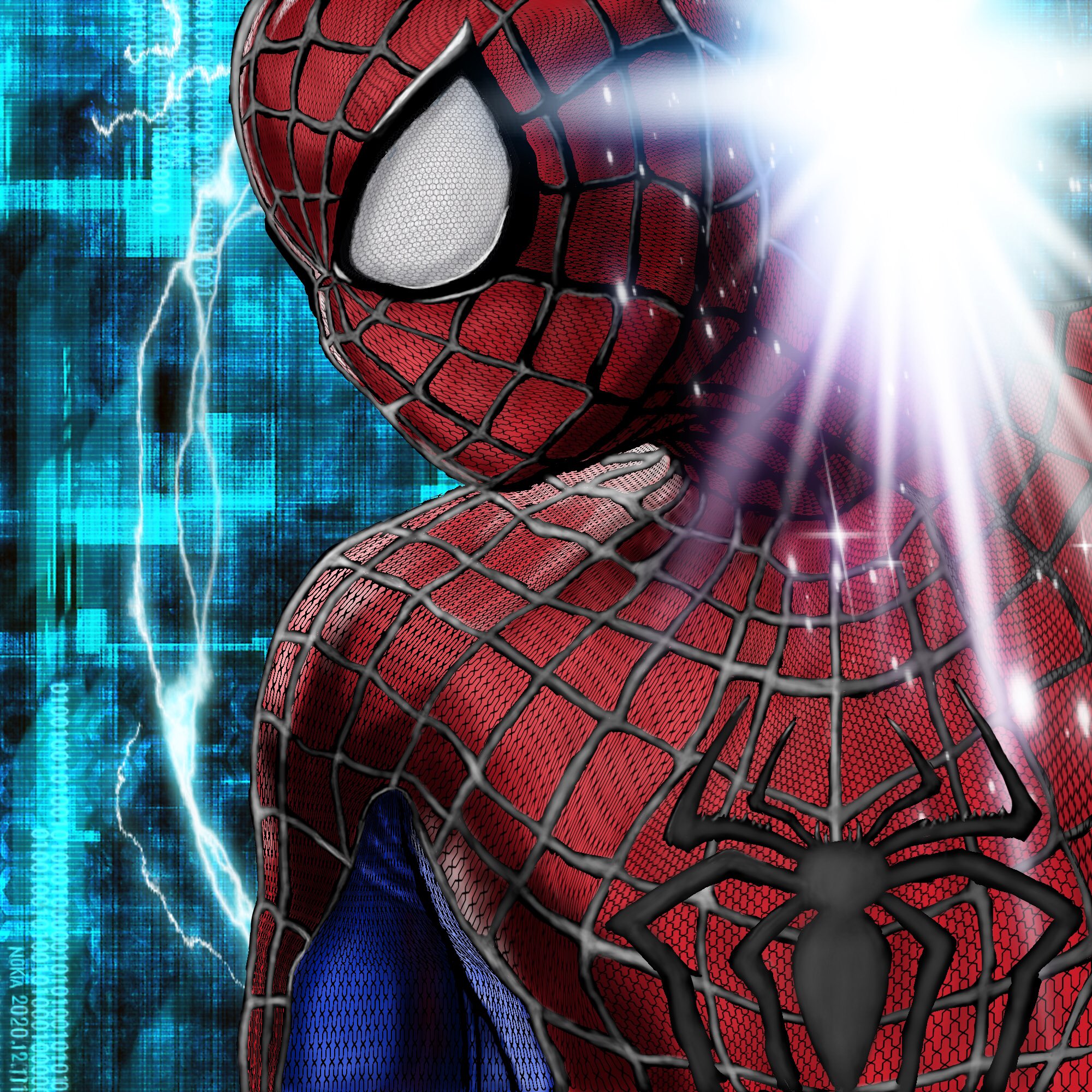 じじ 初めてちゃんと絵を描いてみました 先日アイビスを入れたので折角なので スパイダーマンの模写だったのが かなりアレンジが加わってしまいました 背景や光エフェクトはアプリのフリー素材を使用 よかったら いいねとrtをお願いします