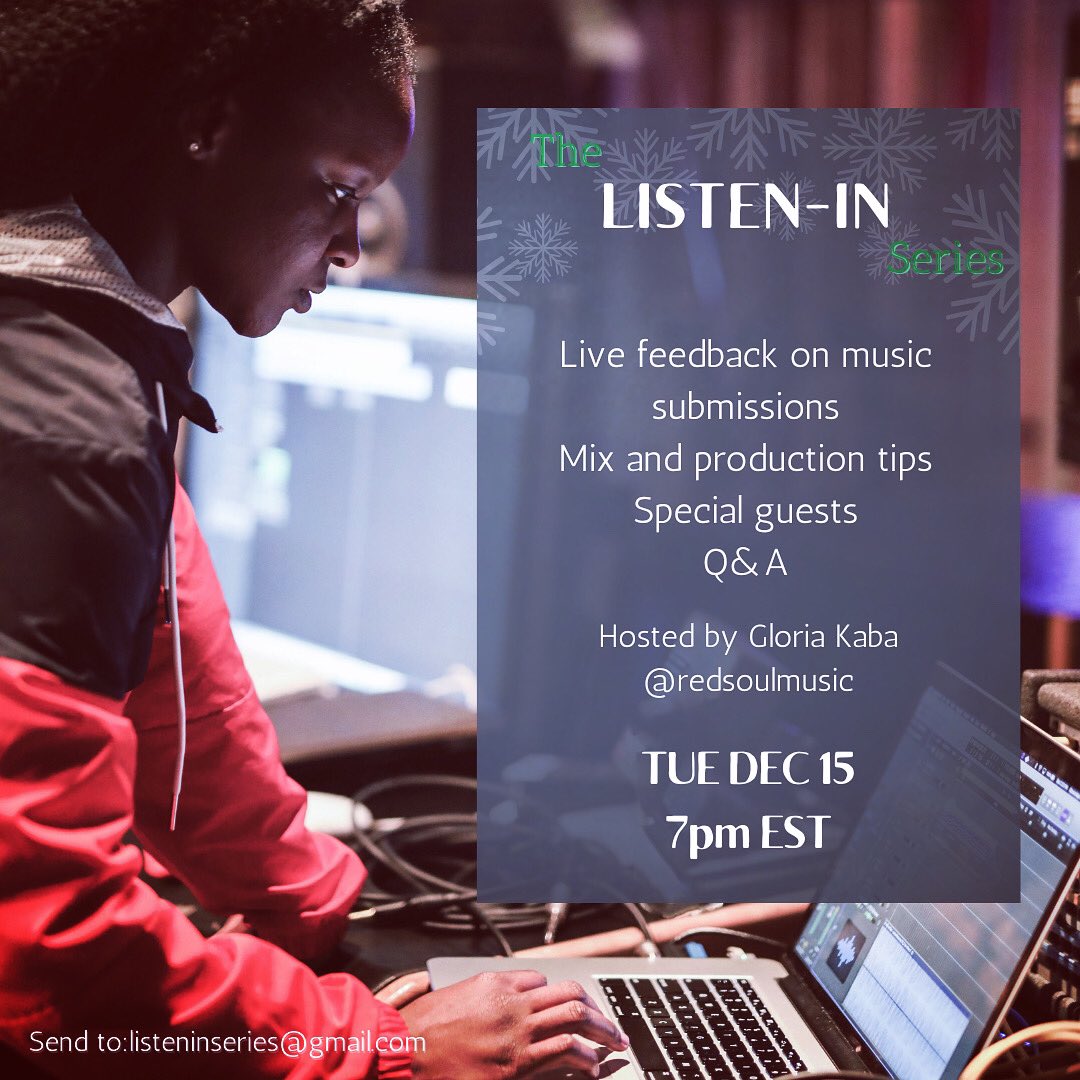 Join me on Dec 15th at 7pm EST for the next installment of “Listen-In”. I will be giving live feedback on submitted music, mix, production tips and Q&A. Send submissions to listeninseries@gmail.com. No DMs please. Include your IG handle in the email. IG:@redsoulmusic