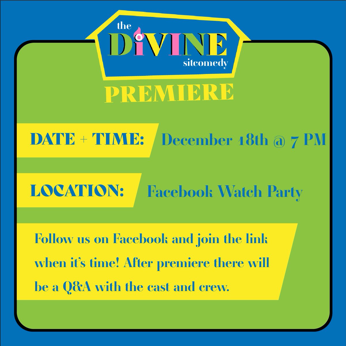 tdsitcomedy's tweet photo. Join members of the cast and crew for the premiere of The Divine Sitcomedy! We’ll be hosting a FaceBook  Watch Party followed with a Q&amp;A after the screening! We can’t wait to see you all there!!😁🎉
•
•
•
#Premiere #FaceBook #Watch #Party #Live #TDS #media https://t.co/6AgjuYnDH6