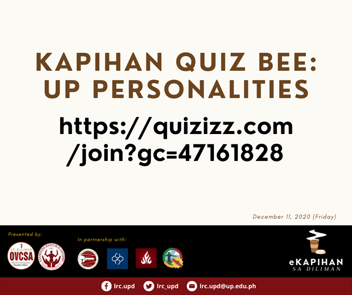 lrc_upd's tweet image. 11AM na! Ang quiz naman natin ngayong araw ay tungkol sa UP Personalities.

Sumali rito: quizizz.com/join?gc=471618…

#KapihansaDiliman #eKapihansaDiliman2020

#TeamDLRC @updilimanovcsa #UPDOCG @upcssc 
@UFCUPDiliman @GabayIsko