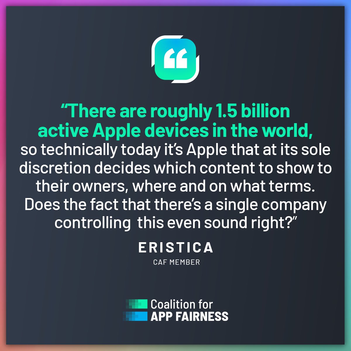 appfairness's tweet photo. We’re thrilled to have @eristica as a CAF member. When their app was banned from the @AppStore they worked tirelessly to address Apple’s concerns to no avail and without clear guidance on why their appeals were rejected. It shouldn't be this hard.

https://t.co/nwfYcNtnJ5 https://t.co/mSFY5nuFGy