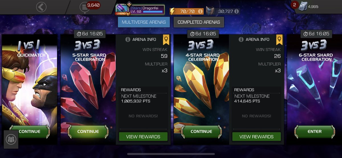 MCOC Anniversary Arenas: A Thread (With 142 maxed 2* Champs)414k in 75 individual fights = 5,520 avg points per fight 1 mil in 177 individual fights = 5,649 avg points per fight Avg points per fight: 5,589 In order for me to achieve 4 mil points: approx 715 fights