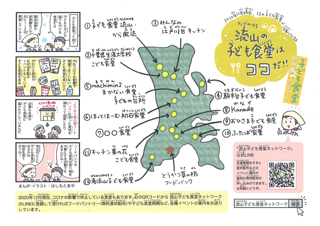 ট ইট র 流山市社会福祉協議会 新しい 流山子ども食堂ネットワーク のチラシが届きました 市内にお住いの漫画家 はしもとあやさんのイラストや 漫画が掲載された表面 12団体の子ども食堂の開催日時や場所 連絡先などが書かれた裏面 同ネットワークの公式
