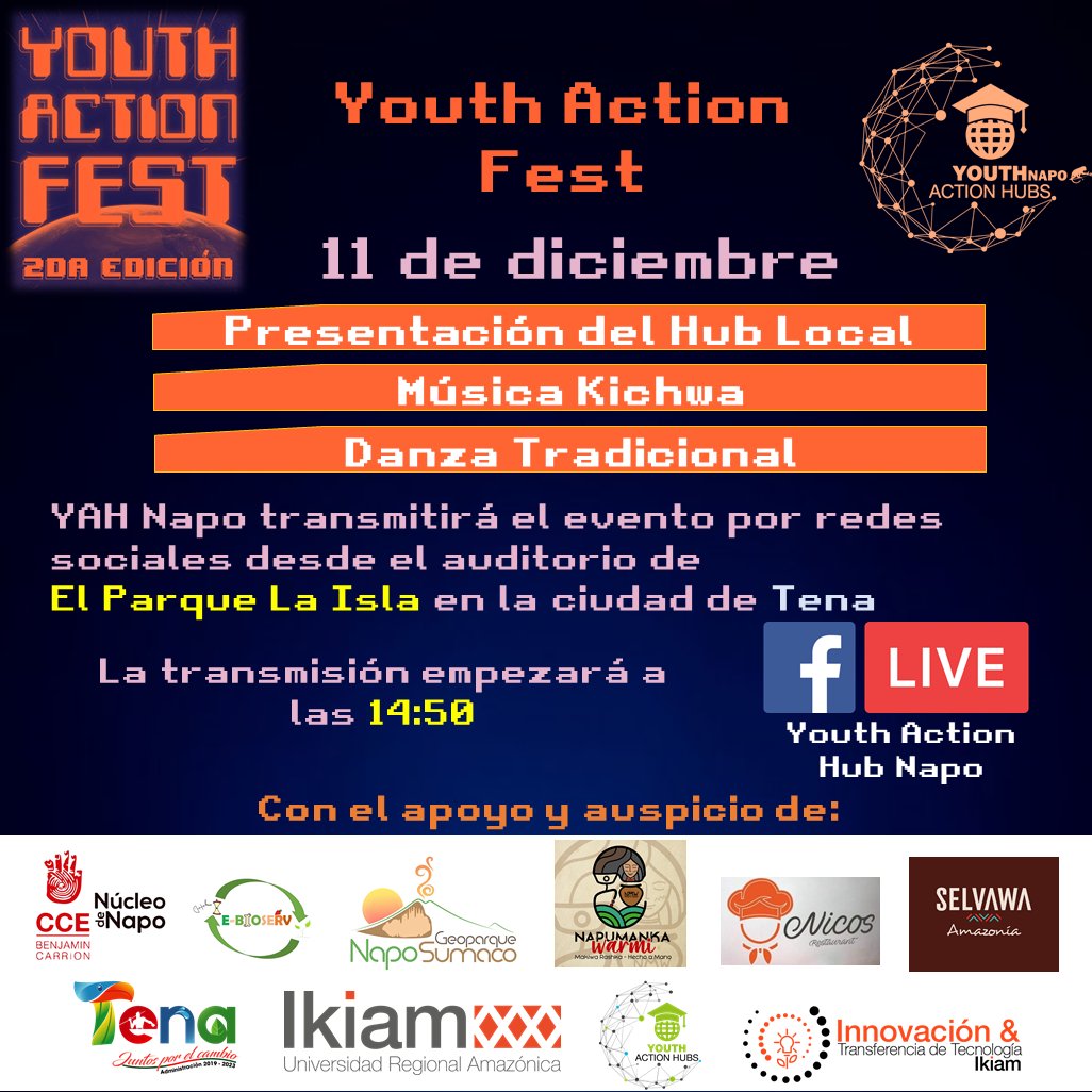 YahNapo's tweet photo. ¡Estamos tan solo a horas del Youth Action Fest 😱! 

Recuerda que desde las 14:50 del día de mañana transmitiremos en vivo desde nuestra página Youth Action Hub Napo todo lo que hemos preparado para ti...  ¡¡ No te lo puedes perder !! 👌😃 https://t.co/gEC1PcbAfZ