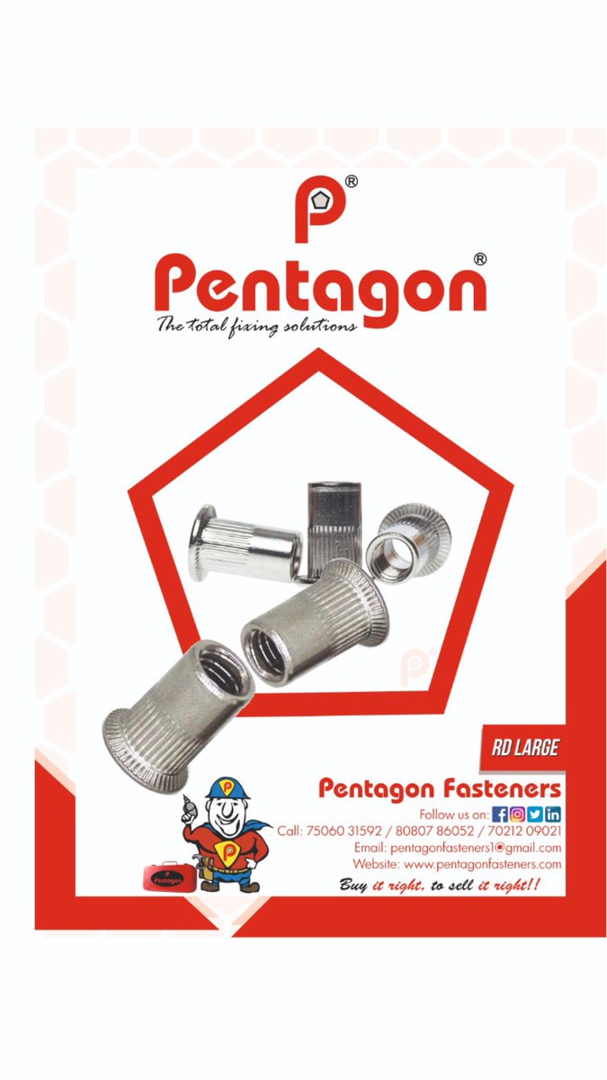 PENTAGONSCREW's tweet photo. PENTAGON’ NUT INSERTS (RIVET NUTS) AVAILABLE IN MILD STEEL (ZINC PLATED) and STAINLESS STEEL 304 grade from M3 diameter to M12 diameter in ready stock.

Hurry !! Book your orders !
Call on +91 7506031592/ 8080786052/ 7021209021
PENTAGON FASTENERS, MUMBAI, INDIA https://t.co/ueo1RnsZm4