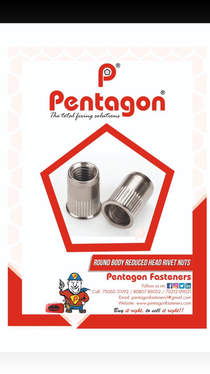 PENTAGONSCREW's tweet photo. PENTAGON’ NUT INSERTS (RIVET NUTS) AVAILABLE IN MILD STEEL (ZINC PLATED) and STAINLESS STEEL 304 grade from M3 diameter to M12 diameter in ready stock.

Hurry !! Book your orders !
Call on +91 7506031592/ 8080786052/ 7021209021
PENTAGON FASTENERS, MUMBAI, INDIA https://t.co/ueo1RnsZm4