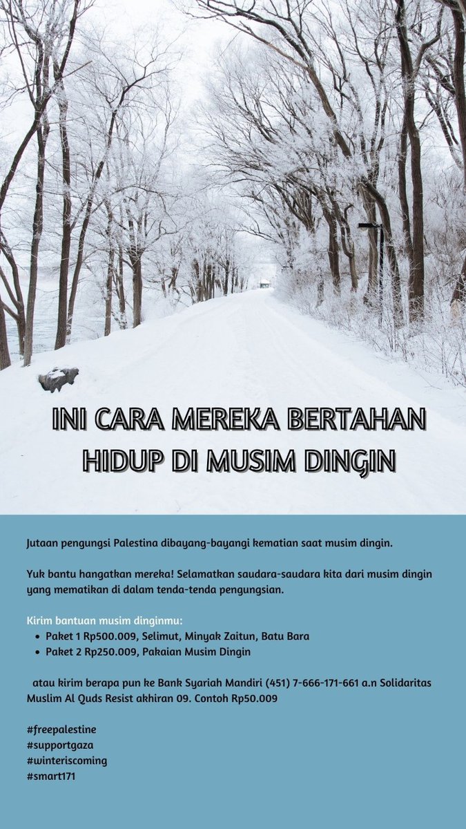 anisdewi22's tweet photo. Orang beriman ibarat satu tubuh, bila ada salah satu anggota tubuh mengaduh kesakitan, maka anggota2 tubuh yang lain ikut merasakannya, yaitu dengan tidak bisa tidur dan merasa demam.'' (HR Bukhari &amp; Muslim)

Yuk bantu hangatkan mereka! 
#freepalestine #smart171 #BaikBerisik https://t.co/tuxdansDwK