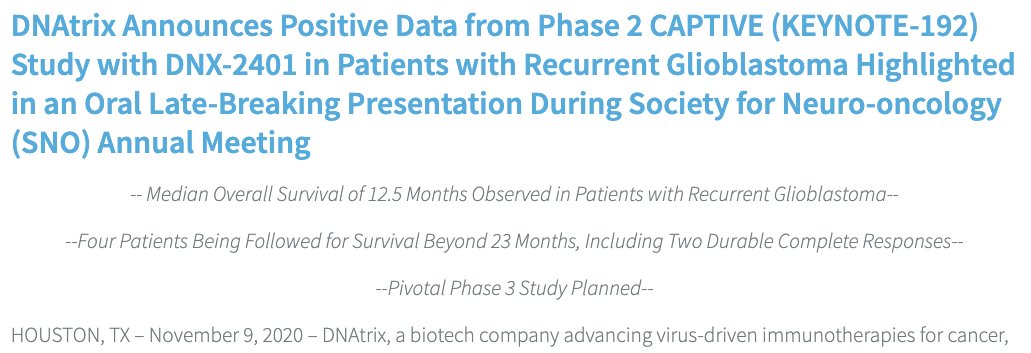 $CLPT - Lots of good tidbits in this video around minutes 18, 33, 46. Dr. Chen is from Univ of Minn and a thought leader in neurosurgery.I can't confirm yet if CLPT is in the DNATrix trial for rGBM but it looks like they're looking to go to ph 3 & also using this drug in DIPG.  https://twitter.com/ClearPointNeuro/status/1337221941581606912