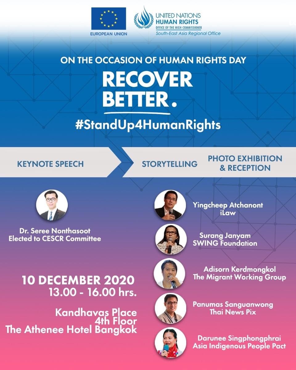 SERNON's tweet photo. Human Rights Day 2020

“Recover Better” is the theme for Human Rights Day 2020. Invited by the OHCHR and the EU delegation in Thailand to give a keynote speech, I pointed out that observance of human rights would be the way toward full and equitable recovery.
#HumanRightsDay https://t.co/VRqj52fZ9e