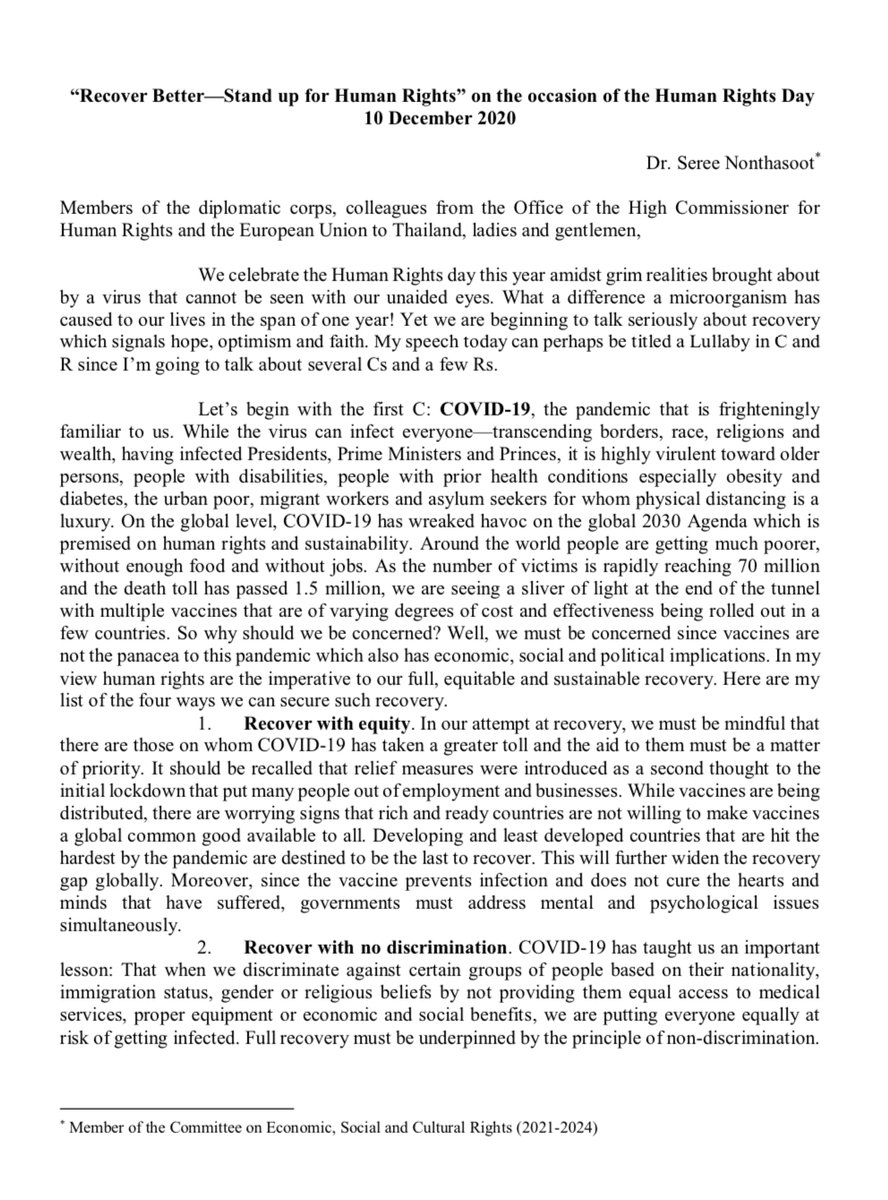 SERNON's tweet photo. Human Rights Day 2020

“Recover Better” is the theme for Human Rights Day 2020. Invited by the OHCHR and the EU delegation in Thailand to give a keynote speech, I pointed out that observance of human rights would be the way toward full and equitable recovery.
#HumanRightsDay https://t.co/VRqj52fZ9e